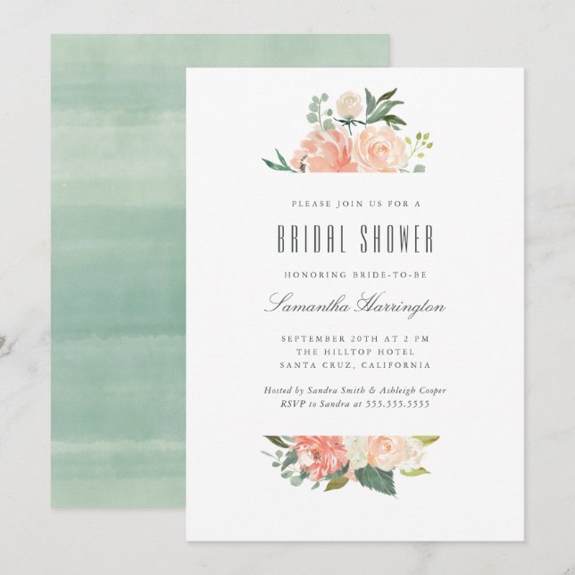 Convite Chá de panela floral da aguarela do pêssego & do (Frente/Verso)