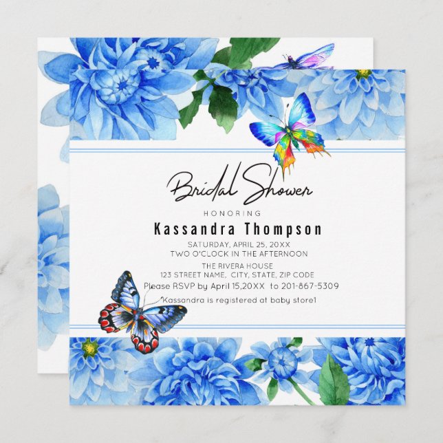 Convite Chá de panela floral da dália azul (Frente/Verso)