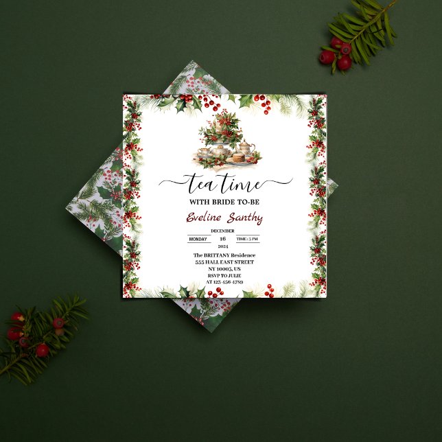 Convite Chá de panela Floral da Festa de Natal Elegante (Elegant Christmas Tea Party Floral Bridal Shower Invitation wedding holiday theme holly berries leaf)