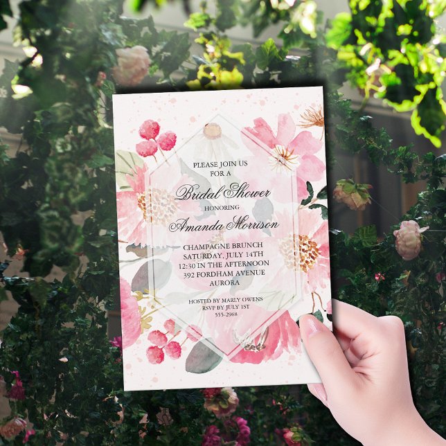 Convite Chá de panela Floral de Aquarela (Watercolor pink garden flowers bridal shower invitations)