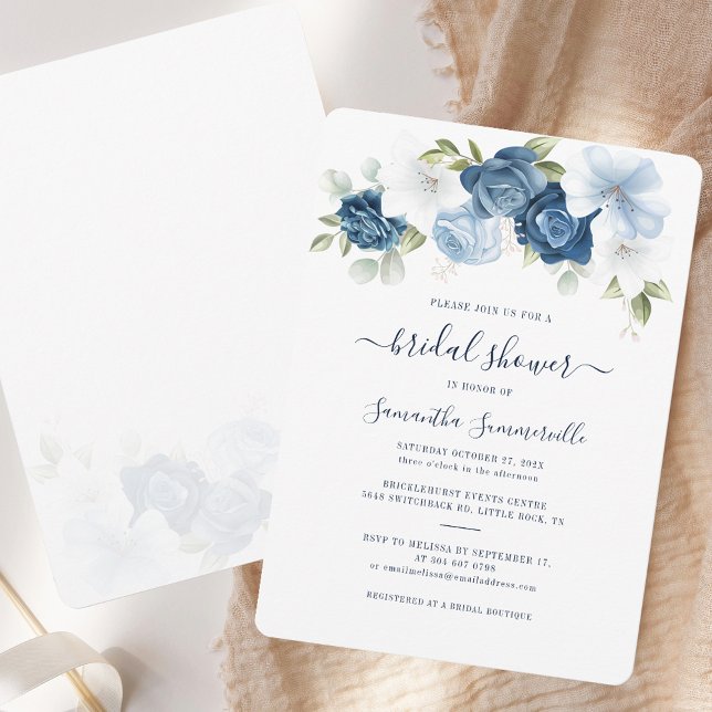 Convite Chá de panela Floral de Aquarela (Dusty Blue Floral Elegant RC Bridal Shower Invitation)
