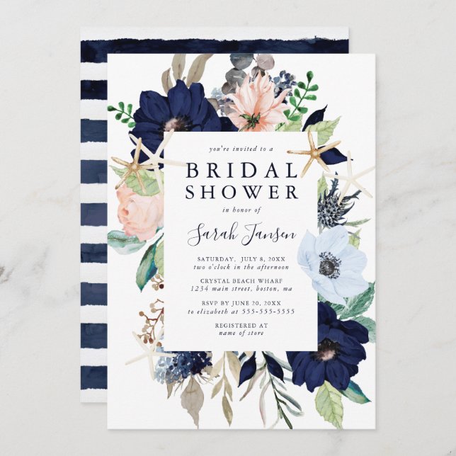 Convite Chá de panela Floral de Aquarela Azul-Rosa Náutico (Frente/Verso)