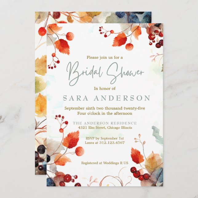 Convite Chá de panela Floral de Aquarela de Queda (Frente/Verso)