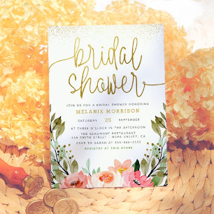Convite Chá de panela Floral de Aquarela de Script Dourado