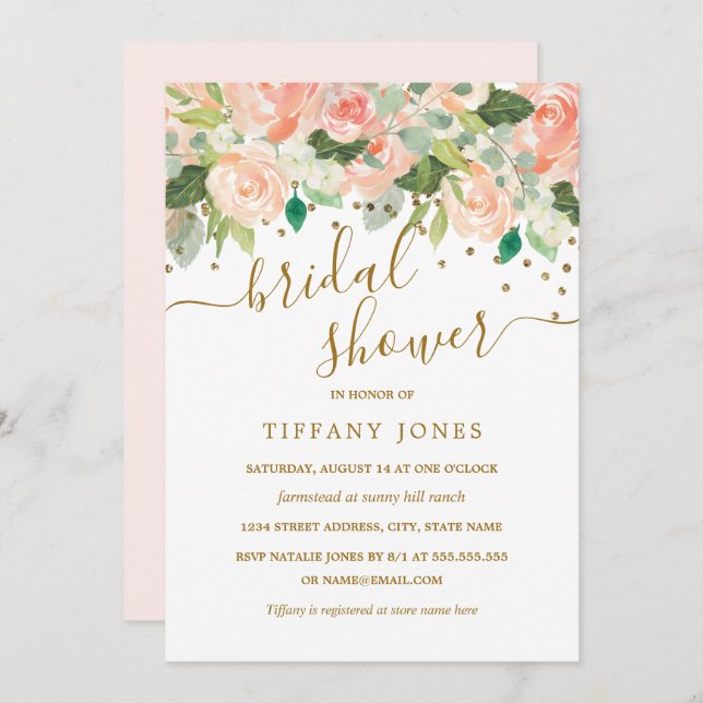 Convite Chá de panela Floral de Aquarela Dourada (Frente/Verso)