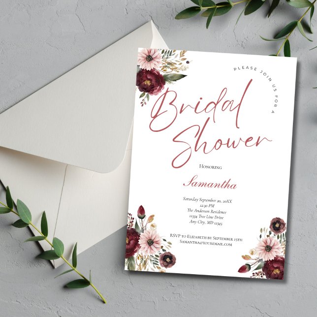 Convite Chá de panela Floral de Aquarela Rosa Burgundy (Pink Burgundy watercolor floral Bridal Shower Invitation, printed or digital download)