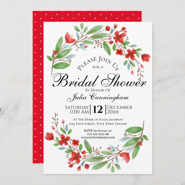 Convite Chá de panela Floral de Aquarela Vermelha (Frente/Verso)