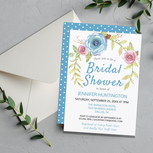 Convite Chá de panela Floral de Arco Floral Azul bonito (Fresh Blue Floral Bridal Shower Invitation
)