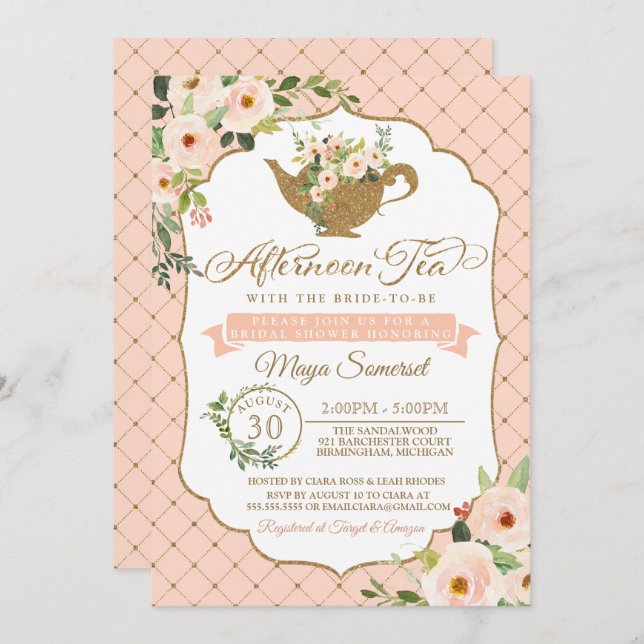 Convite Chá de panela Floral de Blush de luxo à tarde (Frente/Verso)