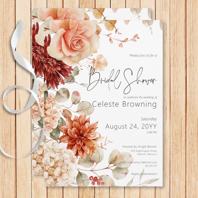 Convite Chá de panela Floral de Boho com queda picante (Spicy Fall Rust & Blush Boho Floral Bridal Shower Invitation)