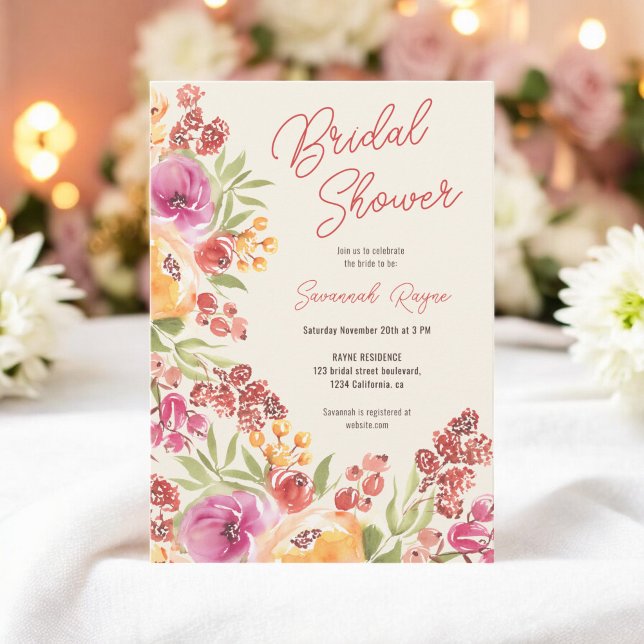 Convite Chá de panela Floral De Boho Pintado À Mão (Boho Hand-Painted Watercolor Floral Bridal Shower Invitation)