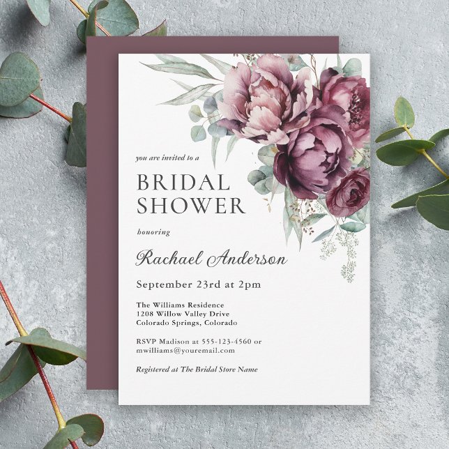 Convite Chá de panela Floral de Burgundy e Plum Fall (A lovely bridal shower invitation for fall and beyond.)