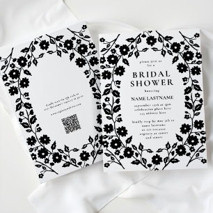 Convite Chá de panela Floral de Código QR Branco Preto