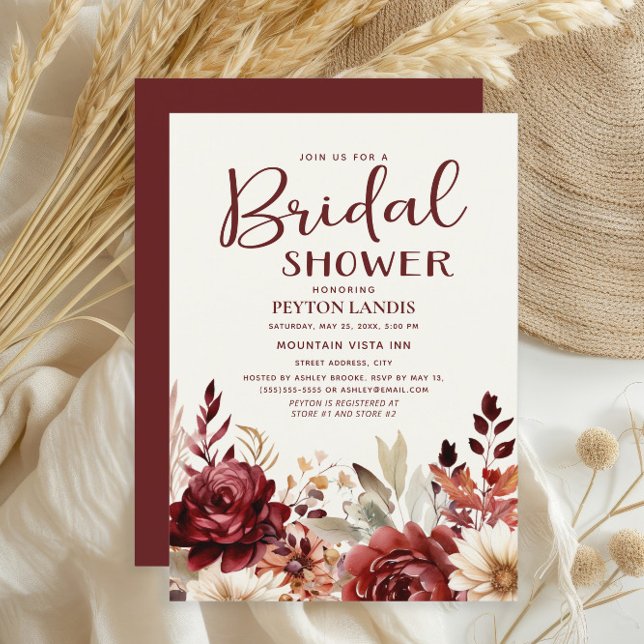 Convite Chá de panela Floral de Cream Burgundy (Burgundy and cream watercolor floral bridal shower invitation
)