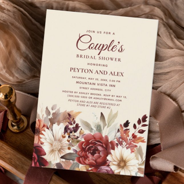 Convite Chá de panela Floral de Creme Burgundy (Boho, burgundy and cream-colored floral bridal shower invitation)