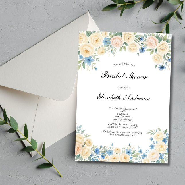 Convite Chá de panela Floral de Creme Rosa Azul (Cream Blush Pink and blue watercolor florals Bridal Shower invitation. Printed or Digital Download)