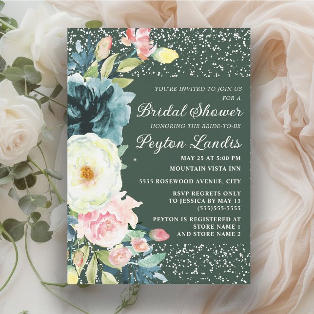 Convite Chá de panela Floral de Creme Verde-Rosa Emerald (Emerald green bridal shower invitation with blush pink and cream-colored floral)