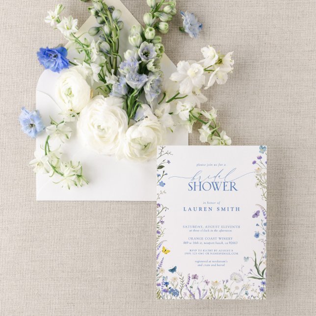 Convite Chá de panela Floral de Flor Azul Elegante (Join us for a blue wildflower bridal shower!)