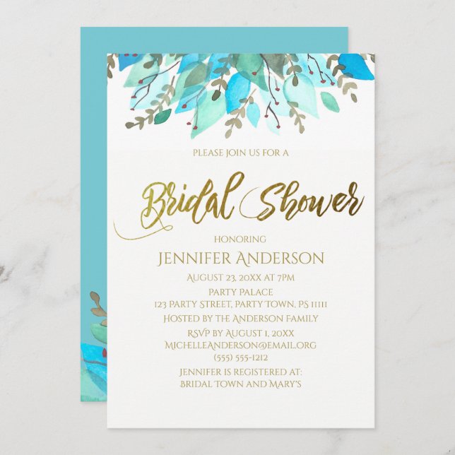 Convite Chá de panela Floral de Folha Azul (Frente/Verso)