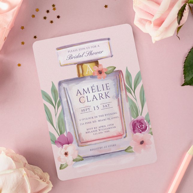 Convite Chá de panela Floral de Frasco de Perfume de Aquar (Watercolor Perfume Bottle Floral Bridal Shower Invitation)