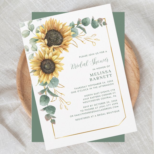 Convite Chá de panela Floral de Girassol Elegante (Sunflower Floral Eucalyptus Greenery Script Bridal Shower Invitation)