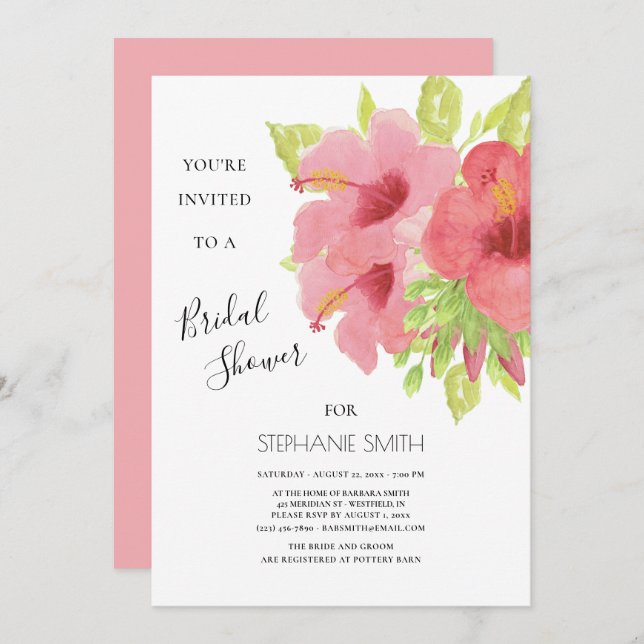 Convite Chá de panela Floral de Hibiscus Rosa (Frente/Verso)