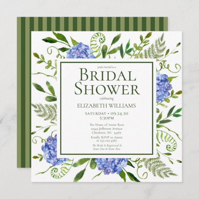 Convite Chá de panela Floral de Hidrangeas Azul (Frente/Verso)