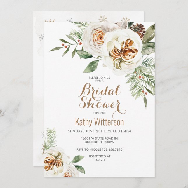 Convite Chá de panela Floral de inverno branco de Natal (Frente/Verso)