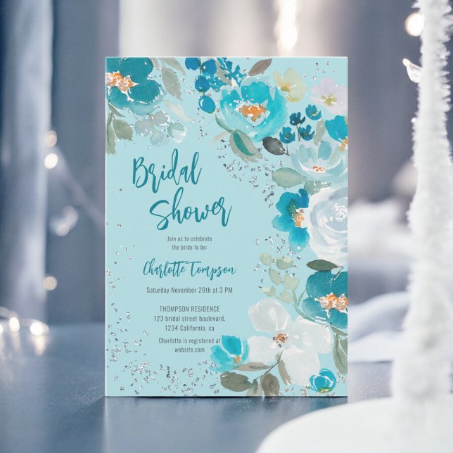 Convite Chá de panela Floral de inverno com gelo azul pint (Hand Painted Blue ice Floral Winter bridal shower Invitation)