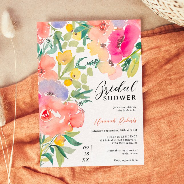 Convite Chá de panela floral de jardim de boho brilhante (Bright bold boho garden floral bridal shower invitation)
