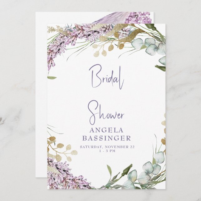 Convite Chá de panela Floral de Lavanda de Aquarela Elegan (Frente/Verso)