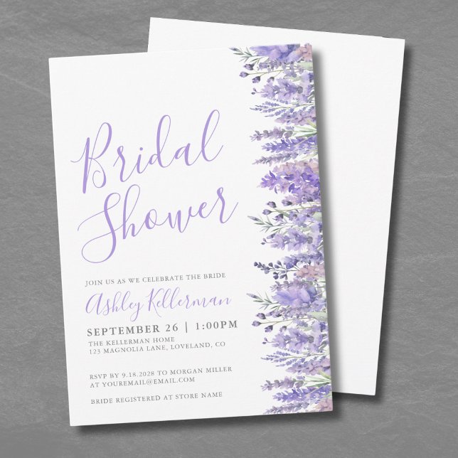 Convite Chá de panela Floral de Lavanda de Aquarela Elegan (Elegant Watercolor Lavender Floral Bridal Shower Invitation)