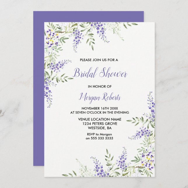 Convite Chá de panela Floral de Lavanda Roxo Elegante (Frente/Verso)