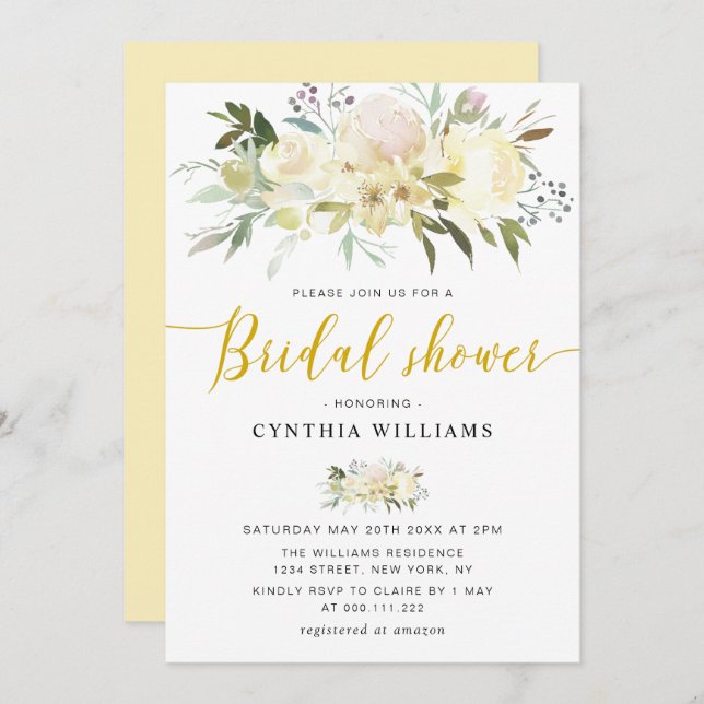 Convite chá de panela floral de marfim de champanhe (Frente/Verso)