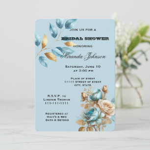 Convite Chá de panela Floral de Marfim Dourado Azul-Aqua-A