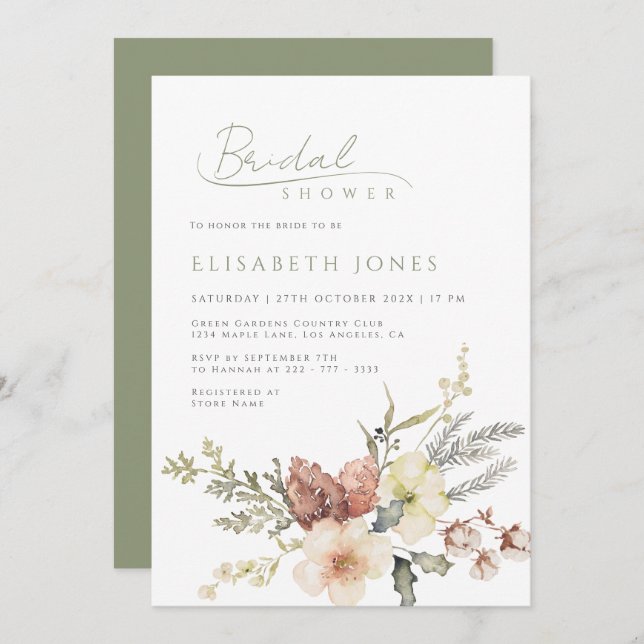 Convite Chá de panela Floral de Natal Verde Sage (Frente/Verso)