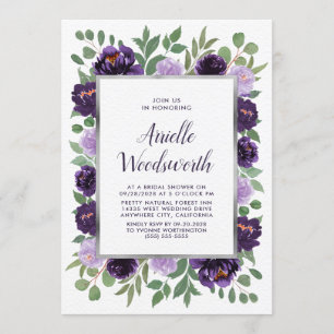 Convite Chá de panela floral de prata roxo da ameixa da