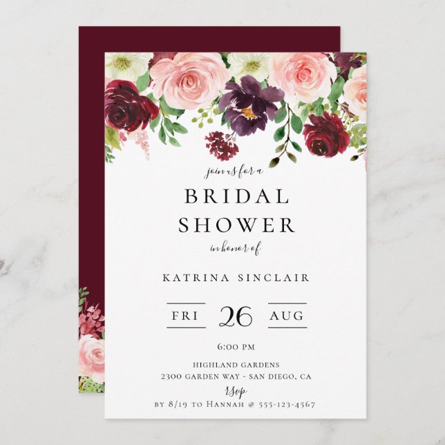 Convite Chá de panela Floral de Queda de Blush Burgundy (Frente/Verso)