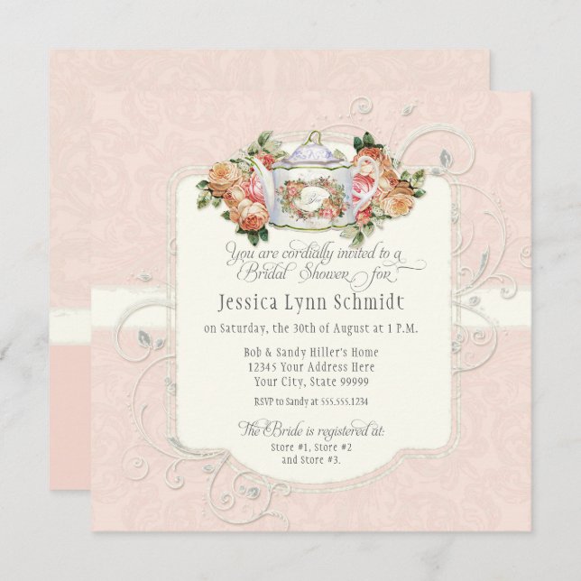 Convite Chá de panela Floral de Rosa de Blush Elegante Vin (Frente/Verso)