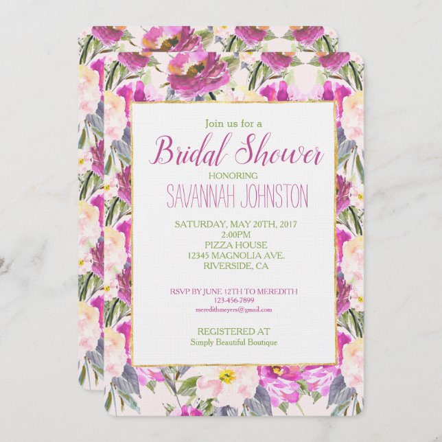 Convite Chá de panela Floral de Rosas Rosa (Frente/Verso)