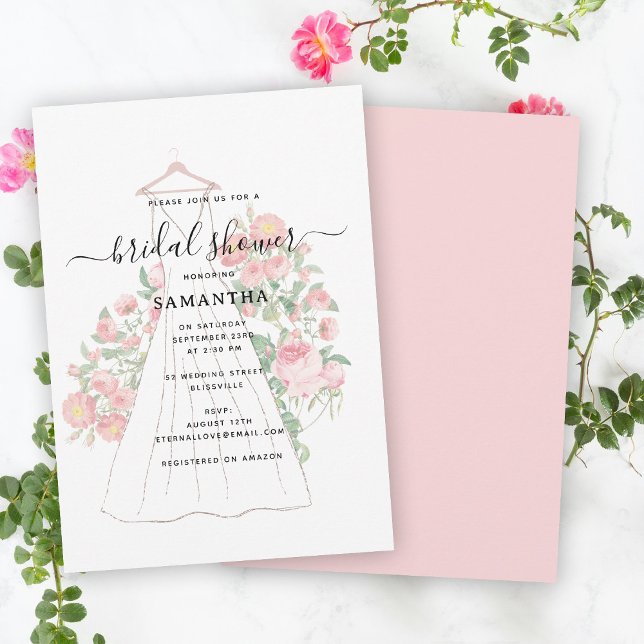 Convite Chá de panela Floral de Vestido de Casamento Desen (Hand Drawn Wedding Dress Floral Bridal Shower Invitation)