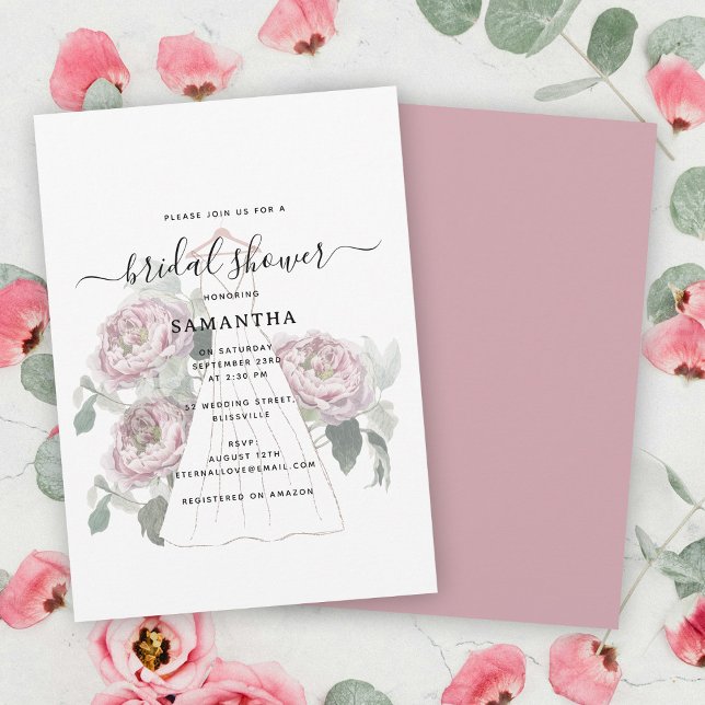 Convite Chá de panela Floral de Vestido de Casamento Desen (Hand Drawn Wedding Dress Floral Bridal Shower Invitation)