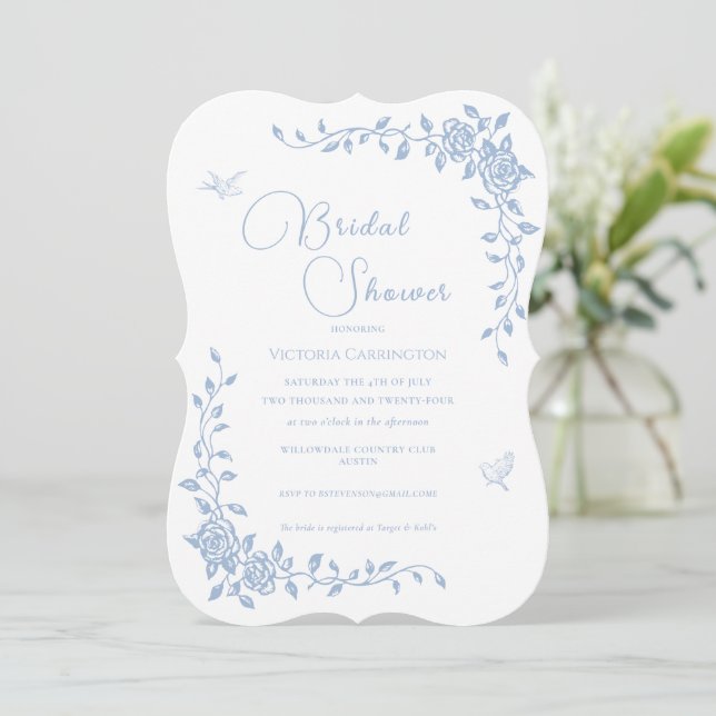 Convite Chá de panela Floral de Vintage Azul (Em pé/Frente)