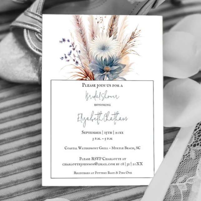 Convite Chá de panela Floral de Winter Boho | Branca (White Winter Boho Floral Bridal Shower Invitation)