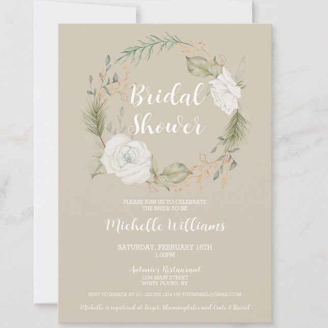 Convite Chá de panela Floral de Wreath Elegante (White Floral Wreath Bridal Shower Invitation, Cream, Taupe, Beige, Neutral, Invite, Classic)