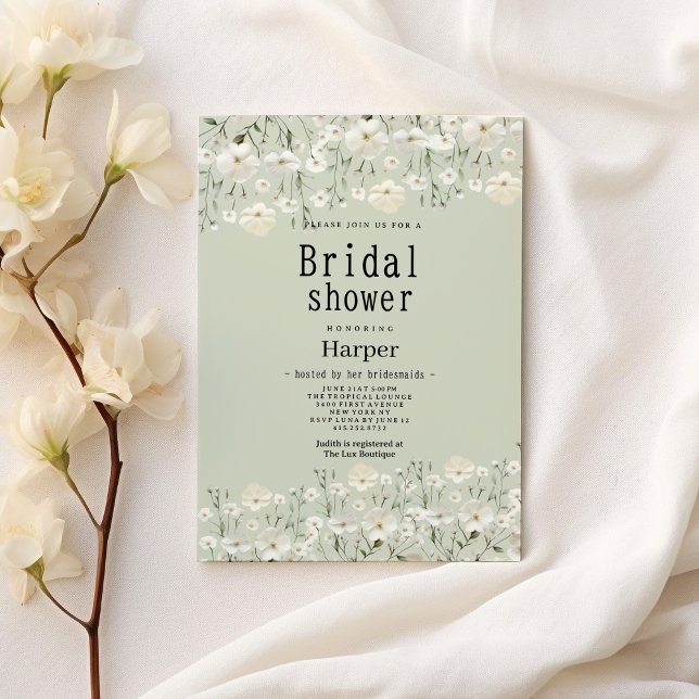 Convite Chá de panela floral delicado de marfim de marfim (Botanical ivory mint delicate floral Bridal Shower)