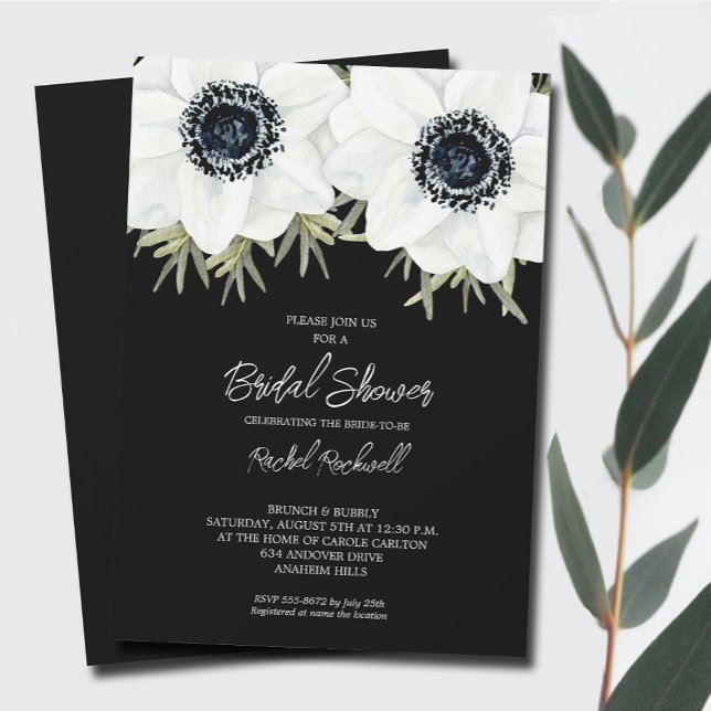 Convite Chá de panela Floral dos Anemones Brancos Pretos (Black White Flowers Bridal Shower Invitations - INSTANT DOWNLOAD and/or PRINTED)