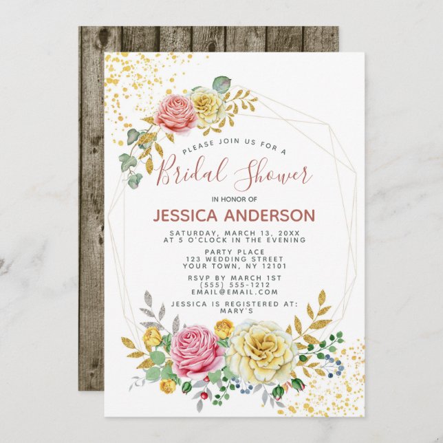 Convite Chá de panela Floral Dourado (Frente/Verso)