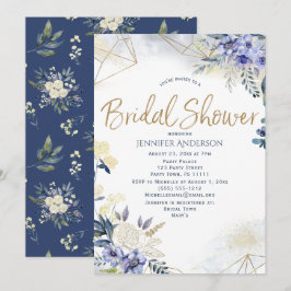 Convite Chá de panela Floral Dourado Branco Azul