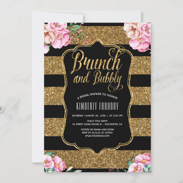 Convite Chá de panela Floral Dourado Brunch e Bubble (Frente)